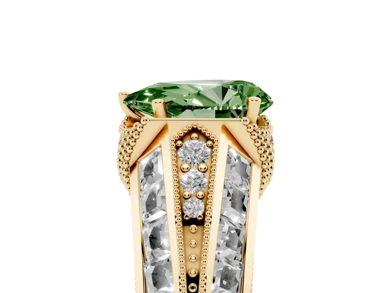 Fancy Green Pear Cut Diamond Vintage-Inspired Milgrain Ring Set in Yellow gold with Accent Split Shank