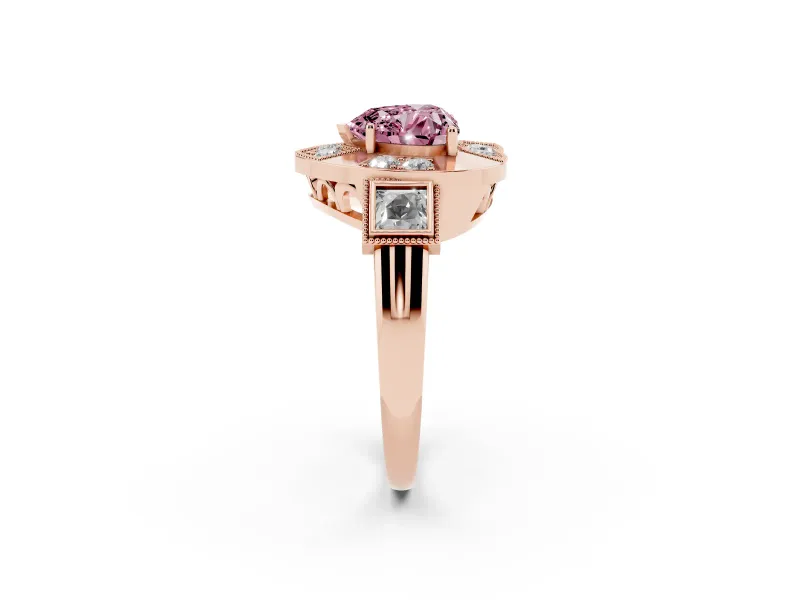 Fancy Pink Heart Cut Diamond Milgrain Halo Ring Set in Rose gold with Split Shank