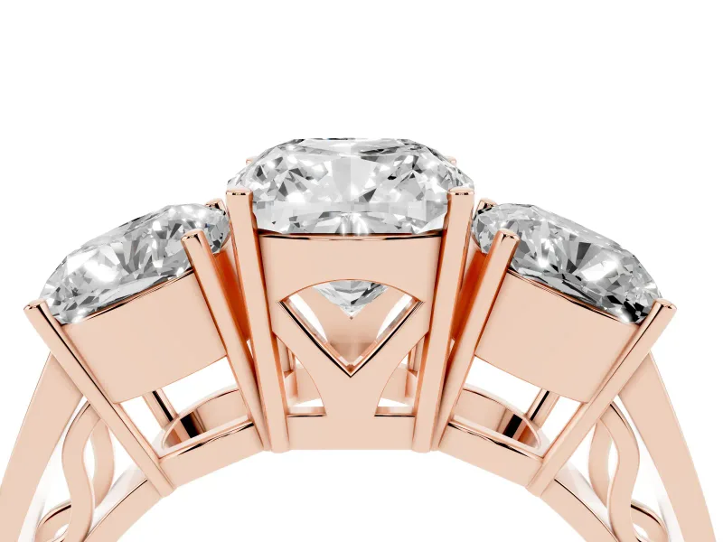Cushion Cut Three Stone Engagement Ring Setting | Beaded Shoulders | Rose Gold