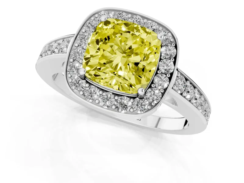 Fancy Yellow Cushion Cut Diamond Halo Pavé Engagement Ring Set in Silver with Bezel Setting
