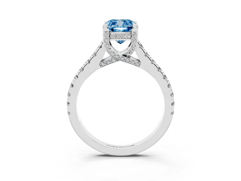 Cushion Cut Hidden Halo Pave Engagement Ring Setting for a Fancy Blue Lab-Grown Diamond | Claw Prongs | Platinum