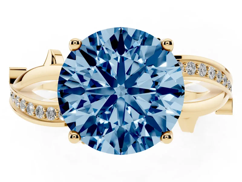 Fancy Blue Round Cut Diamond Pavé Twist Band Solitaire Ring Set in Yellow gold with Prong Setting