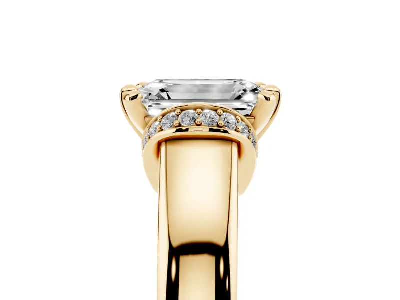 Emerald Cut Pavé Collar Solitaire Engagement Ring Setting | Wide Polished Band | Yellow Gold