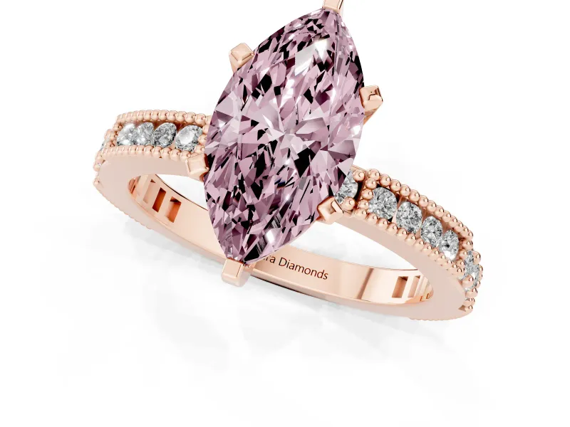 Fancy Pink Marquise Cut Diamond Solitaire Ring Set in Rose gold with Slim Pavé Band and Prong Setting
