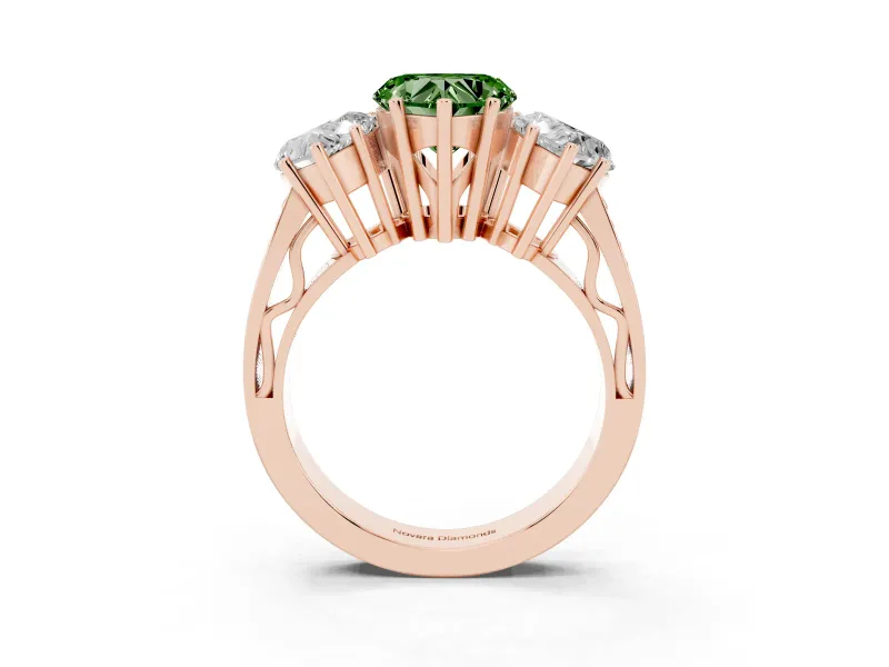 Heart-Shaped Three Stone Engagement Ring Setting for a Fancy Green Lab-Grown Diamond | Beaded Shoulders | Rose Gold