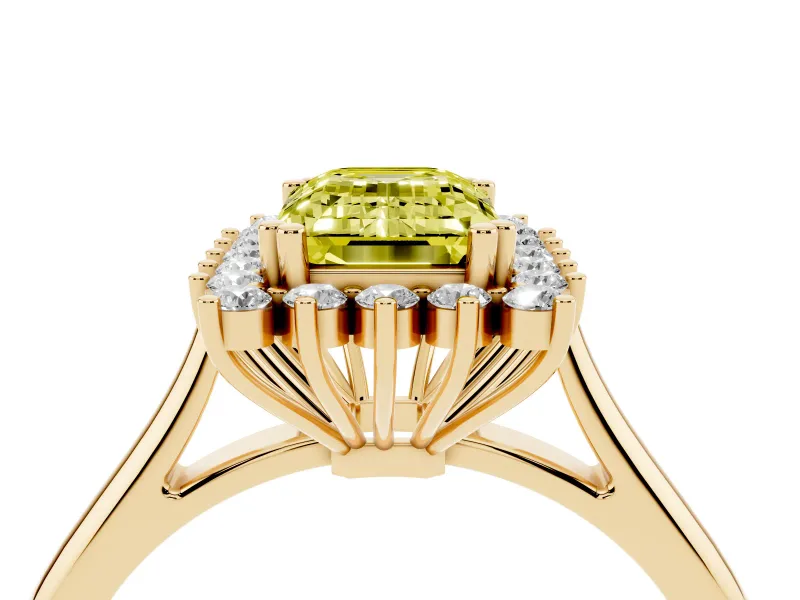 Fancy Yellow Emerald Cut Diamond Halo Ring Set in Yellow gold with Plain Solitaire Band and Prong Setting