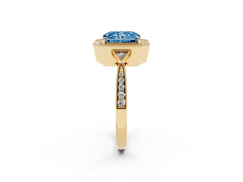 Radiant Cut Milgrain Halo Engagement Ring Setting for a Fancy Blue Lab-Grown Diamond | Graduated Pavé | Yellow Gold