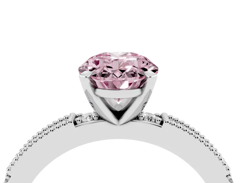 Fancy Pink Oval Cut Diamond Solitaire Ring Set in Platinum with Slim Pavé Band and Prong Setting