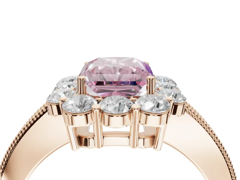 Radiant Cut Vintage Halo Engagement Ring Setting for a Fancy Pink Lab-Grown Diamond | Milgrain Channel Band | Rose Gold