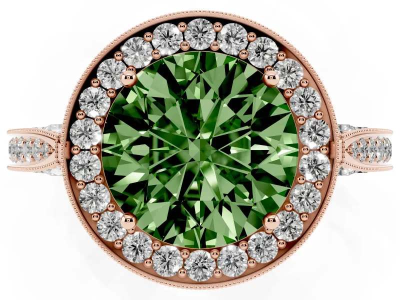 Round Milgrain Halo Engagement Ring Setting for a Fancy Green Lab-Grown Diamond | Side Stones | Rose Gold