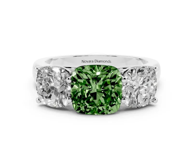 Fancy Green Cushion Cut Diamond Three-Stone Ring Set in White gold with Plain Polished Band