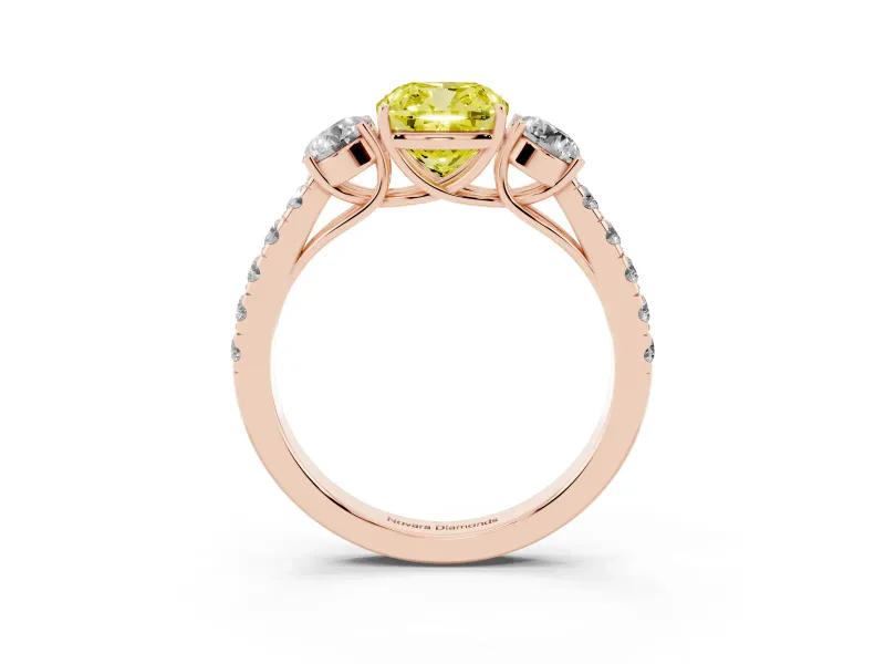 Fancy Yellow Cushion Cut Diamond Three-Stone Ring Set in Rose gold with Round Side Stones and Delicate Pavé Band
