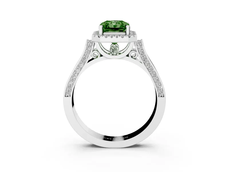 Radiant Cut Halo Engagement Ring Setting for a Fancy Green Lab-Grown Diamond | Pavé Panel Shoulders | Sterling Silver