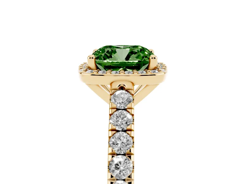 Fancy Green Cushion Cut Diamond Halo Engagement Ring Set in Yellow gold with Pavé Band and Prong Setting