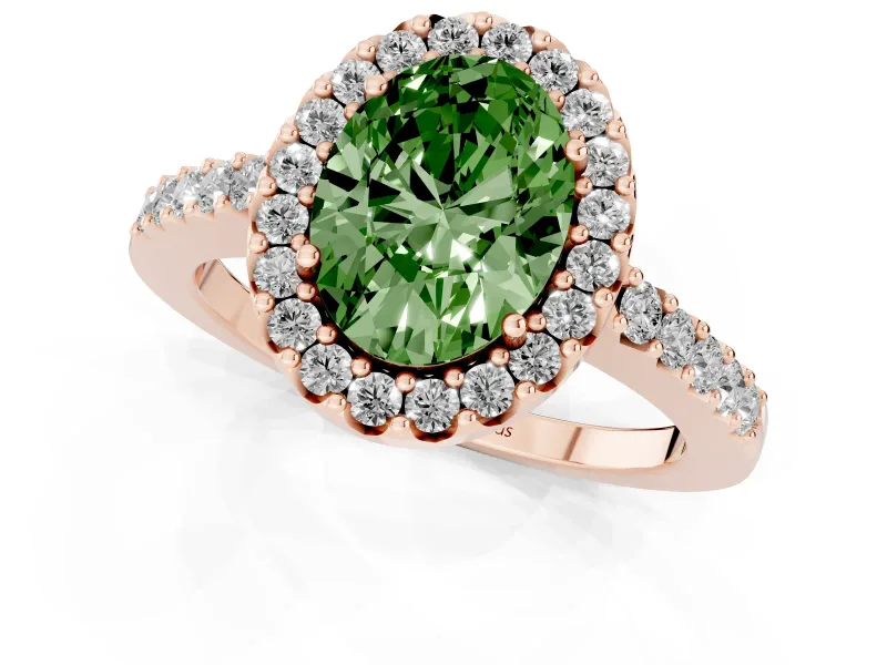 Fancy Green Oval Cut Diamond Halo Pavé Solitaire Ring Set in Rose gold with Prong-Set Center Stone