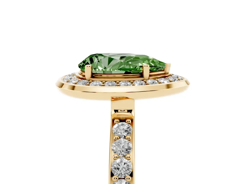 Fancy Green Pear Cut Diamond Halo Ring Set in Yellow gold with Bezel Frame and Pavé Band