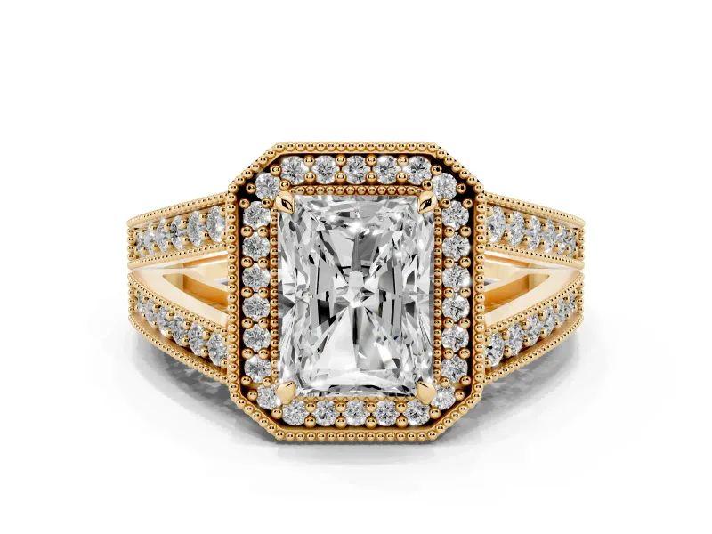 Radiant Cut Diamond Halo Ring Set in Yellow gold with Stone-Set Split Shank and Milgrain Edges