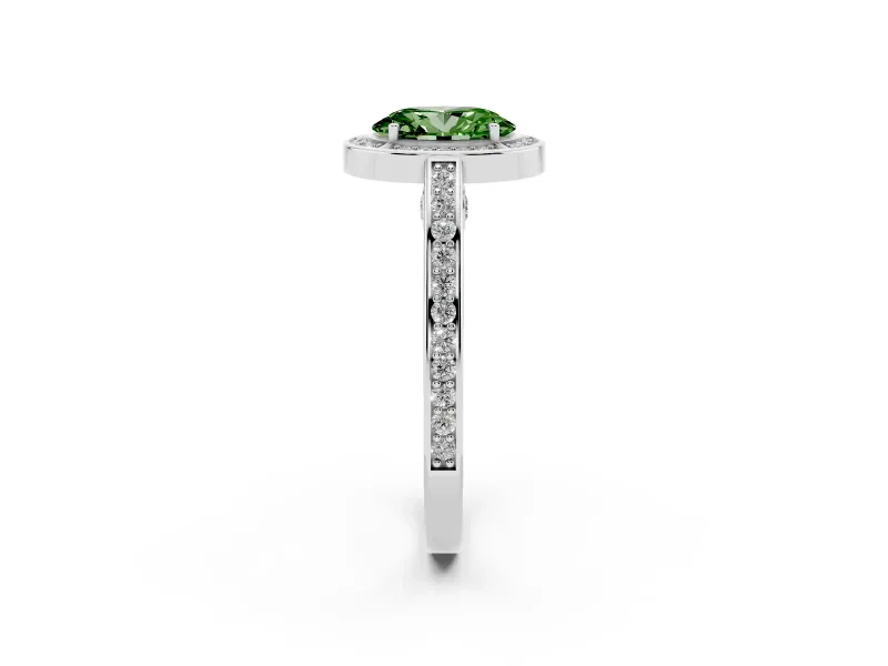 Fancy Green Oval Cut Diamond Halo Pavé Split Shank Ring Set in Platinum with Prong Setting