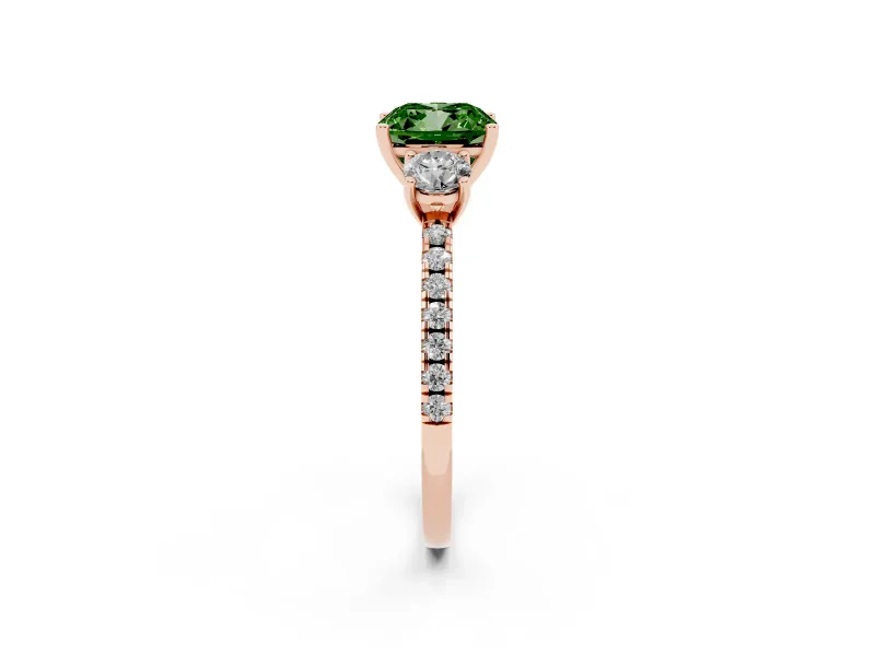Cushion Cut Three Stone Engagement Ring Setting for a Fancy Green Lab-Grown Diamond | Pave Shoulders | Rose Gold