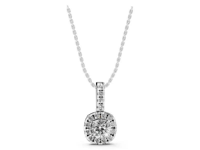 Cushion Cut Lab-Grown Diamond Halo Pendant Necklace | Prong-Set Stone Bail | Sterling Silver