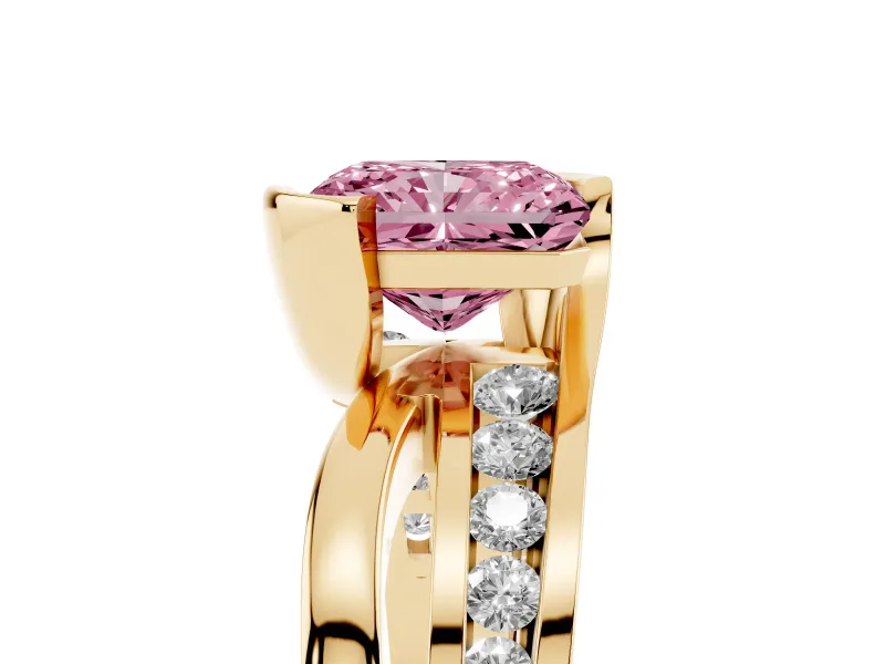 Radiant Cut Graduated Bypass Engagement Ring Setting for a Fancy Pink Lab-Grown Diamond | Split Shank | Yellow Gold