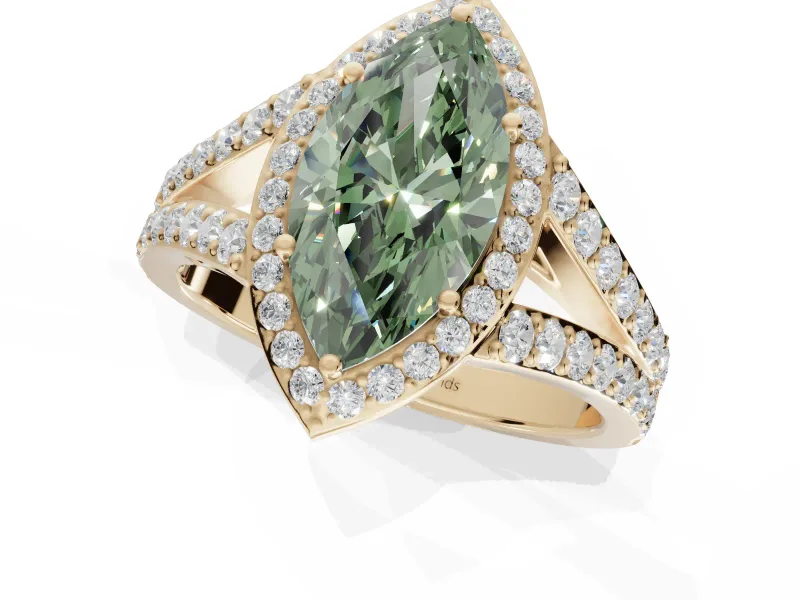 Marquise Halo Pavé Engagement Ring Setting for a Fancy Green Lab-Grown Diamond | Narrow Split Shank | Yellow Gold