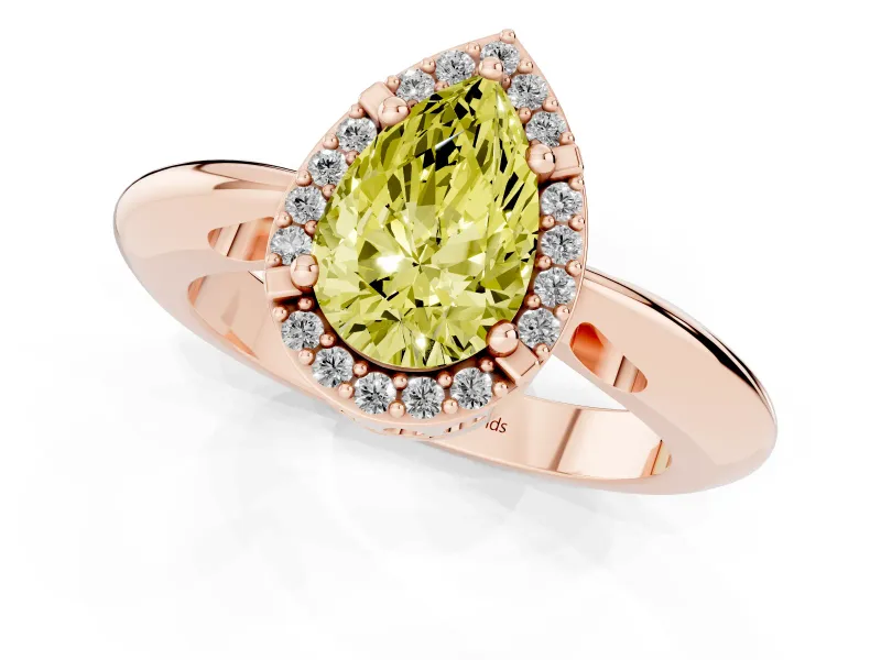 Fancy Yellow Pear Cut Diamond Halo Engagement Ring Set in Rose gold with Plain Split Shank and Prong Setting