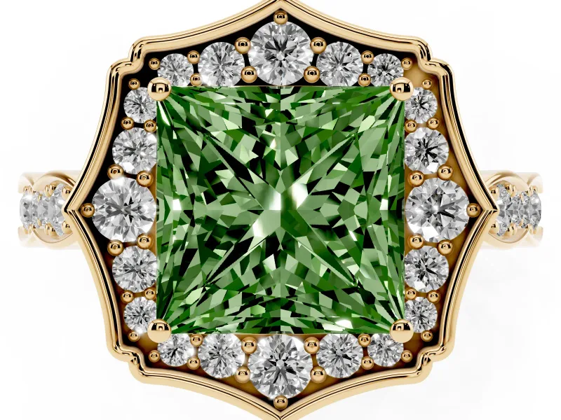 Princess Cut Scalloped Halo Engagement Ring Setting for a Fancy Green Lab-Grown Diamond | Pave Band | Yellow Gold