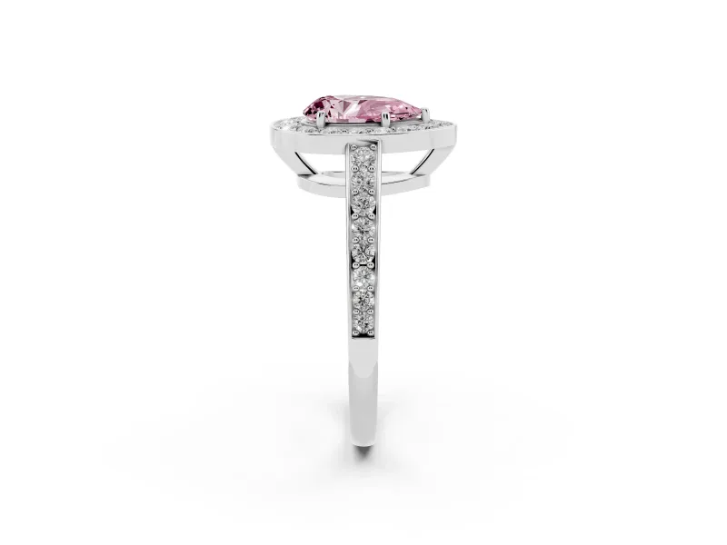 Fancy Pink Pear Cut Diamond Halo Pavé Engagement Ring Set in Platinum with Bezel Setting