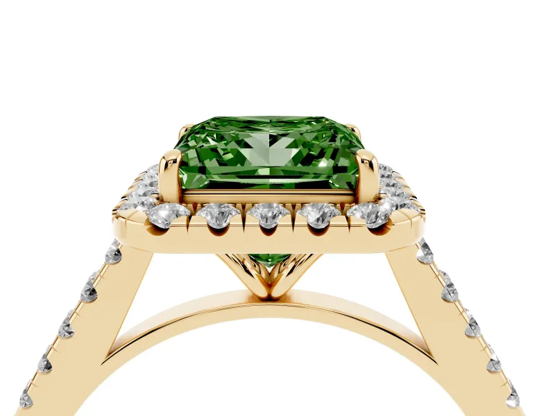 Princess Cut Halo Engagement Ring Setting for a Fancy Green Lab-Grown Diamond | Pave Shoulders | Yellow Gold