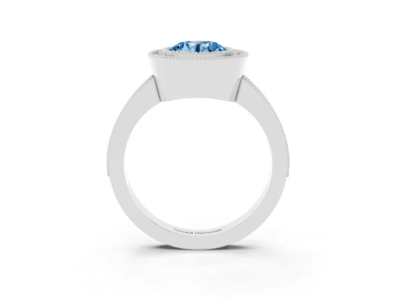 Fancy Blue Round Cut Diamond Halo Engagement Ring Set in Silver with Pavé Band and Round Halo Stones
