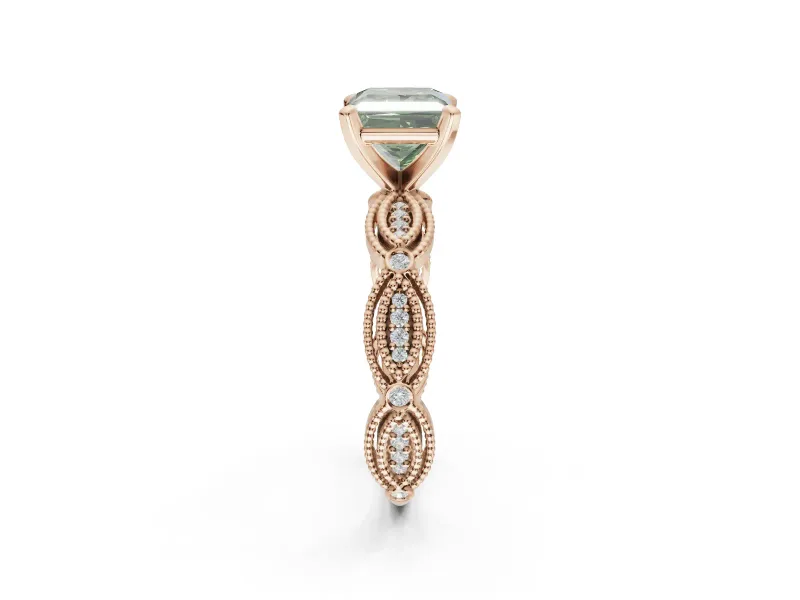 Princess Cut Vintage Engagement Ring Setting for a Fancy Green Lab-Grown Diamond | Graduated Stations | Rose Gold