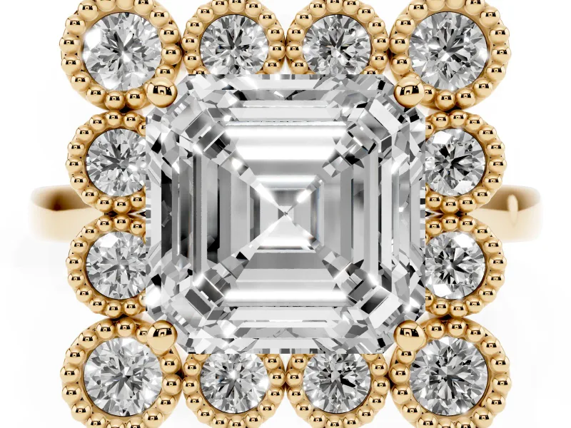 Asscher Cut Vintage Milgrain Bezel Cluster Halo Engagement Ring Setting | Plain Band | Yellow Gold