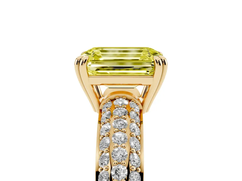 Emerald Cut Three Row Pave Engagement Ring Setting for a Fancy Yellow Lab-Grown Diamond | Double Claws | Yellow Gold