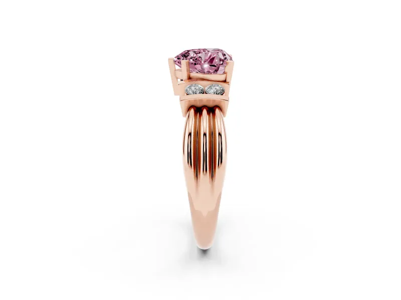 Fancy Pink Three-Stone Heart Cut Diamond Channel Set Ring Set in Rose gold with Bar Prongs