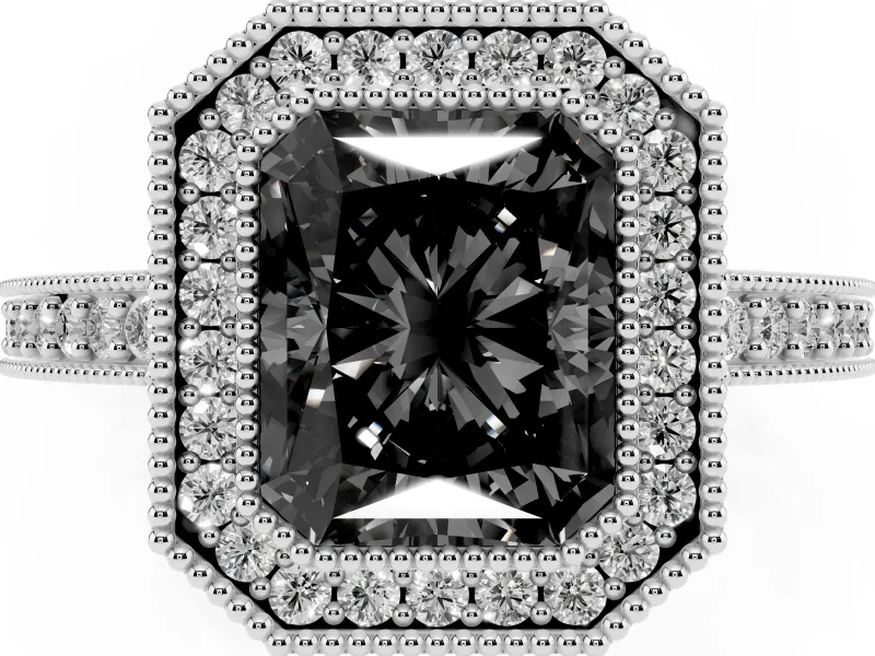 Fancy Black Radiant Cut Diamond Halo Engagement Ring Set in Platinum with Pavé Band and Round Halo Stones