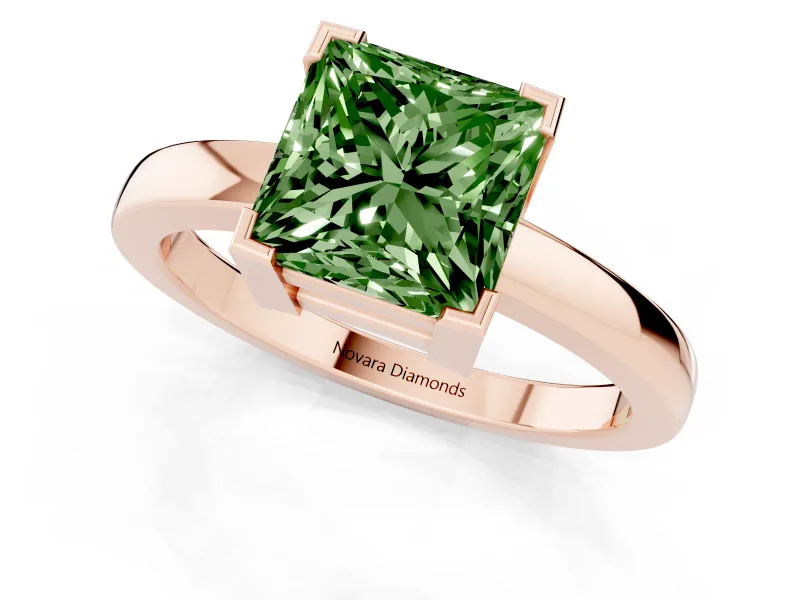 Fancy Green Princess Cut Diamond Solitaire Ring Set in Rose gold with Prong Head and Smooth Polished Band