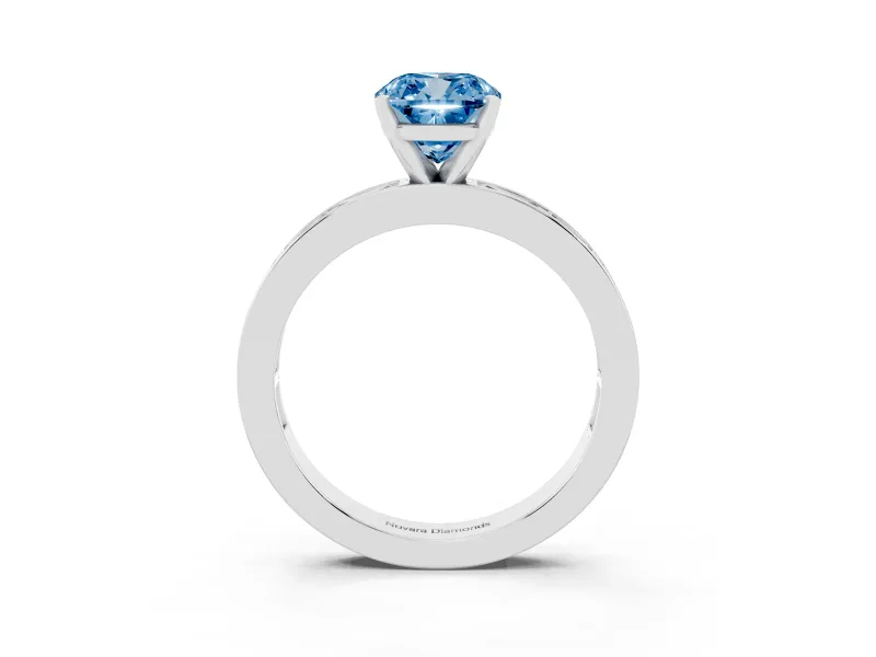 Fancy Blue Cushion Cut Diamond Solitaire Ring Set in White gold with Channel-Set Baguette Band and Prong Setting
