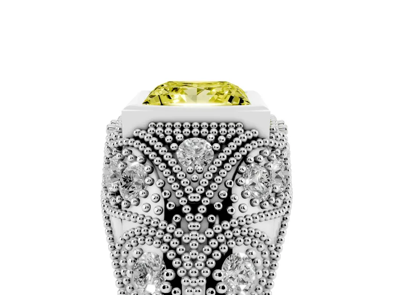 Fancy Yellow Princess Cut Diamond Bezel Ring Set in White gold with Milgrain Accent Band