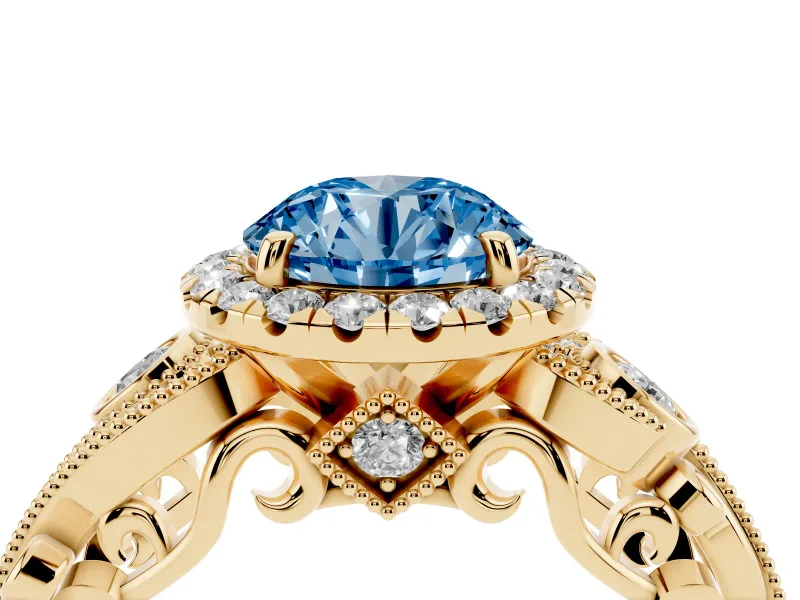 Round Vintage Halo Engagement Ring Setting for a Fancy Blue Lab-Grown Diamond | Yellow Gold