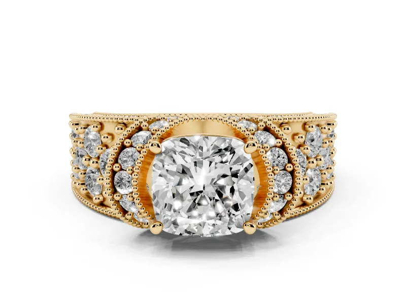 Cushion Cut Diamond Milgrain Halo Pavé Engagement Ring Set in Yellow gold with Prong Setting