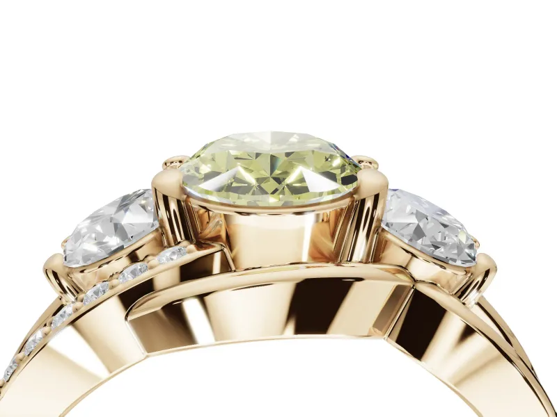 Oval Three Stone Split Shank Engagement Ring Setting for a Fancy Yellow Lab-Grown Diamond | Matching Sides | Yellow Gold