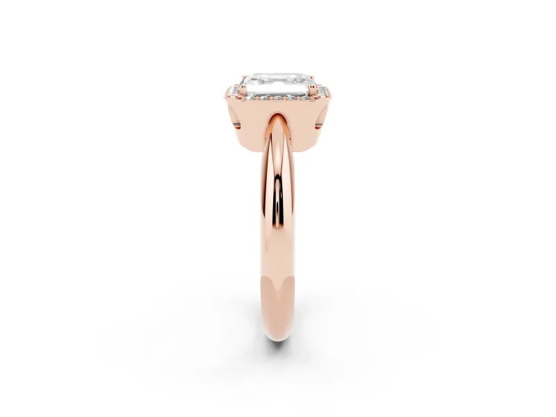 Asscher Cut Diamond Halo Engagement Ring Set in Rose gold with Plain Split Shank and Prong Setting