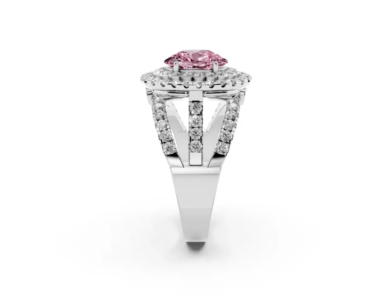 Oval Double Halo Split Shank Engagement Ring Setting for a Fancy Pink Lab-Grown Diamond | Pave Strands | Platinum