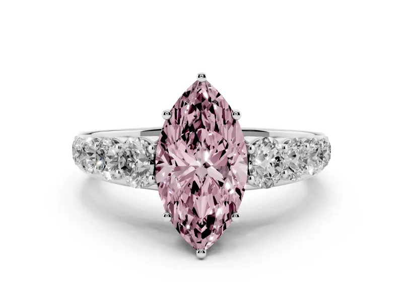 Fancy Pink Marquise Cut Diamond Solitaire Ring Set in White gold with Pavé-Set Band and Prong Setting