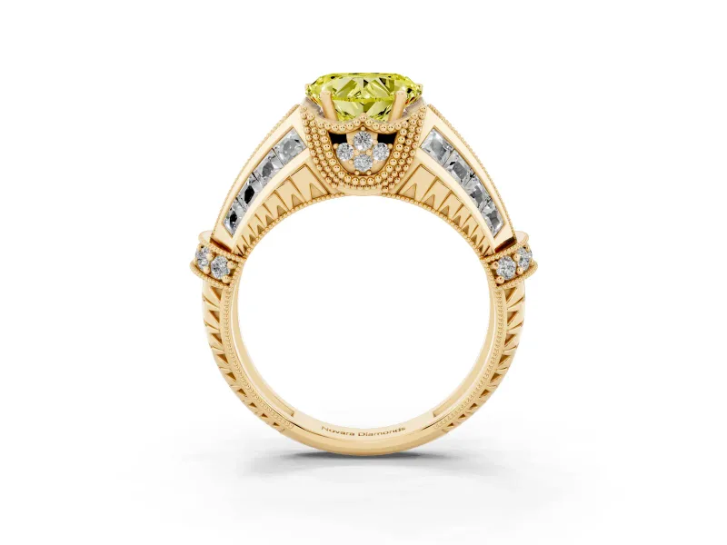 Fancy Yellow Heart Cut Diamond Vintage-Inspired Milgrain Ring Set in Yellow gold with Accent Split Shank