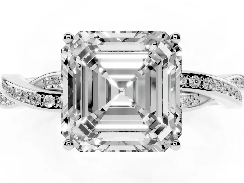 Asscher Cut Diamond Solitaire Twisted Pavé Ring Set in Platinum with Prong Setting