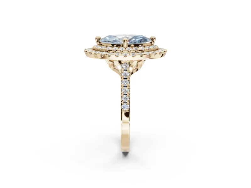 Marquise Double Halo Engagement Ring Setting for a Fancy Blue Lab-Grown Diamond | Pave Shoulders | Yellow Gold