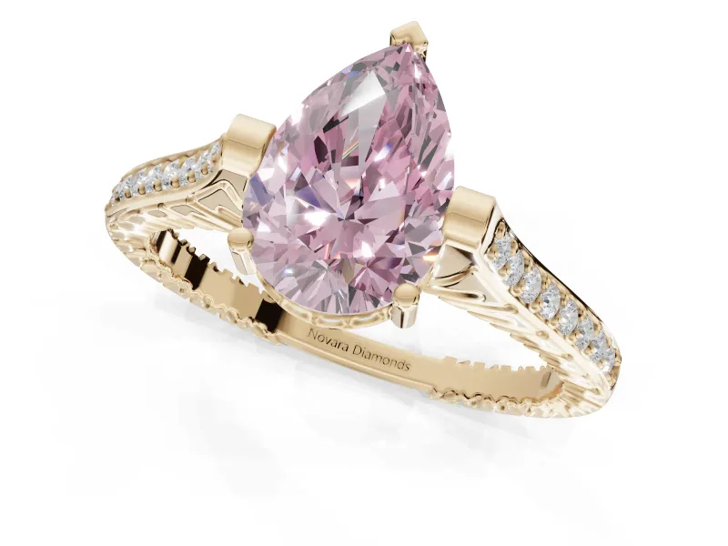 Pear-Shaped Vintage Cathedral Engagement Ring Setting for a Fancy Pink Lab-Grown Diamond | Carved Band | Yellow Gold