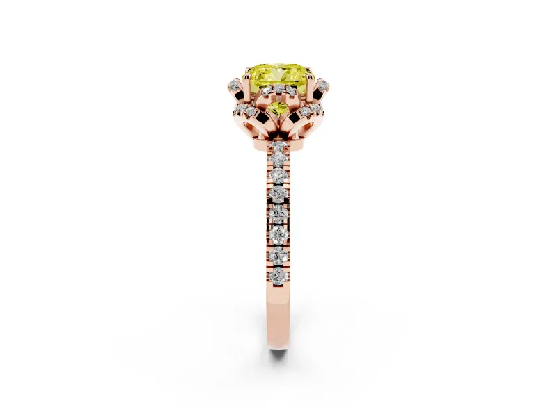 Cushion Cut Floral Petal Halo Engagement Ring Setting for a Fancy Yellow Lab-Grown Diamond | Pavé Band | Rose Gold